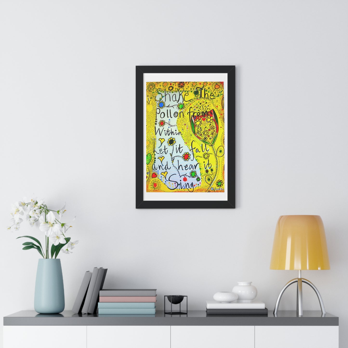 Framed poster -original picture and words 'Shake the pollen' by Fin Mc Crudden