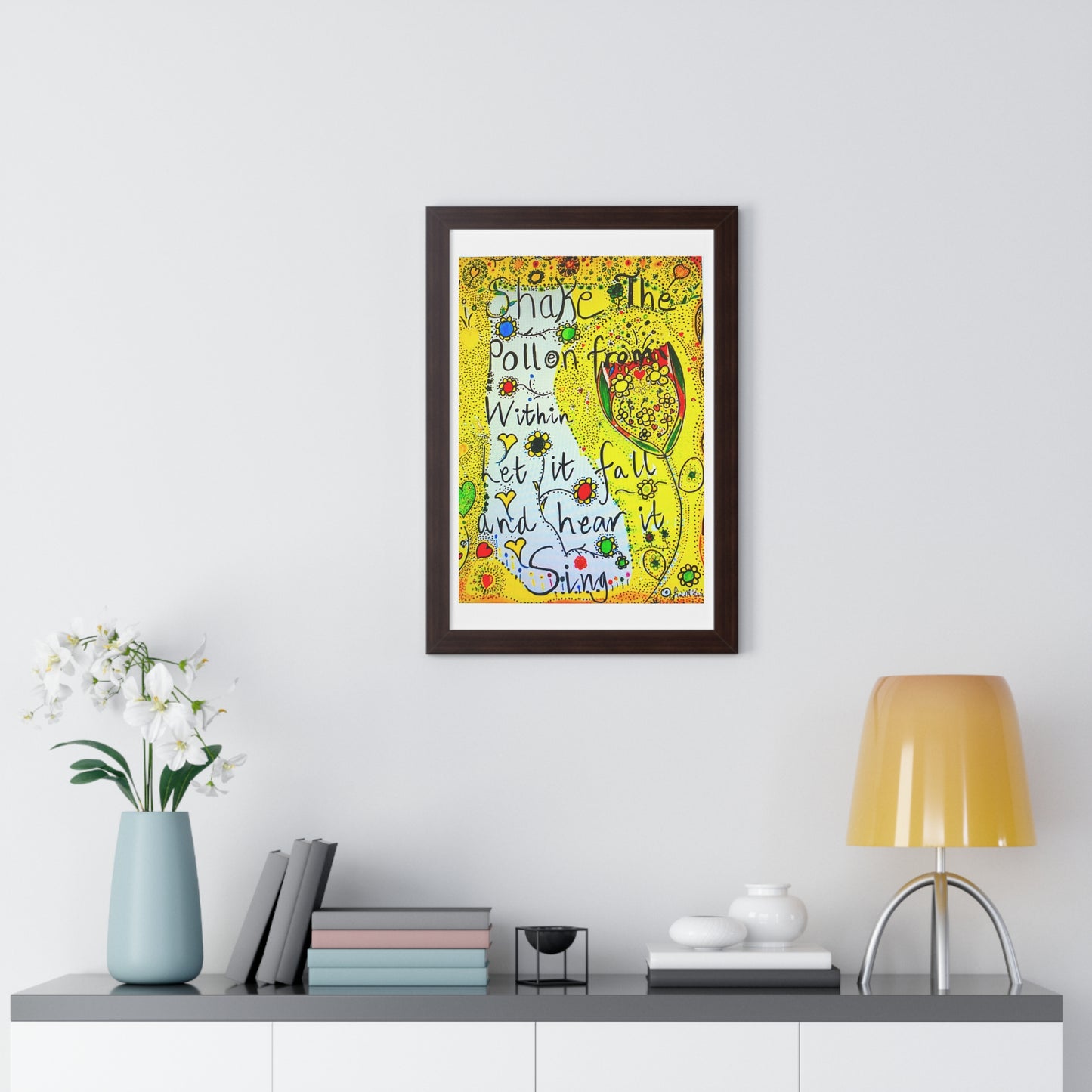 Framed poster -original picture and words  'Shake the pollen' by Fin Mc Crudden