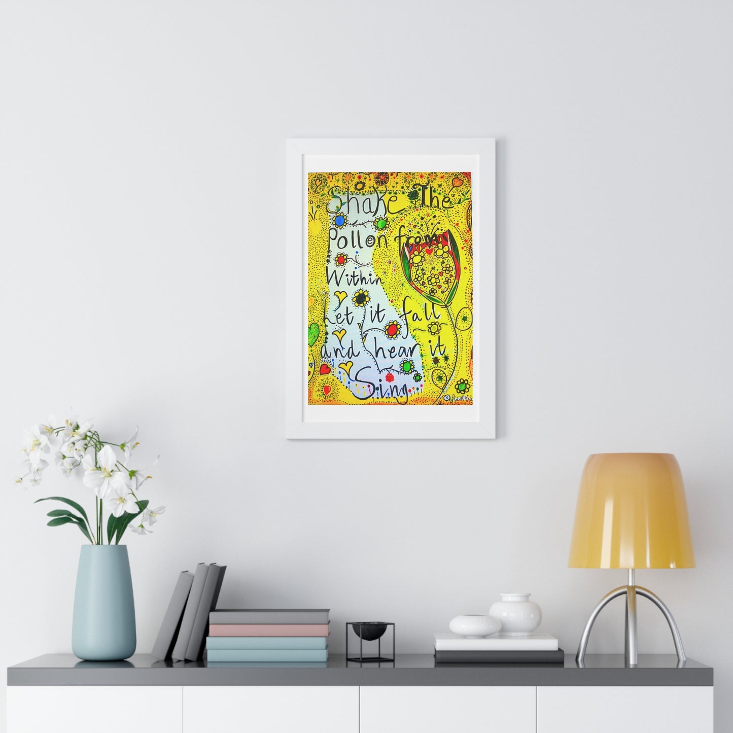 Framed poster -original picture and words  'Shake the pollen' by Fin Mc Crudden